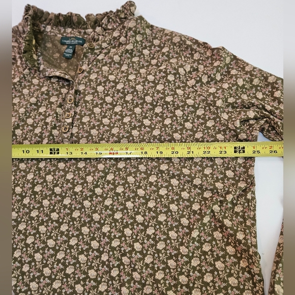 Lauren ralph lauren sz2X brown cotton floral 1/4 button up blouse ruffled neck - Picture 6 of 10
